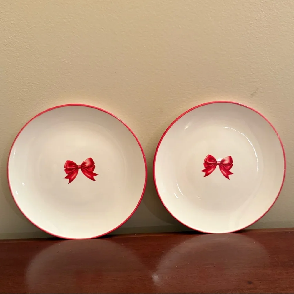 New! Set of 2 Red Bow Ceramic Plates, 6” diameter, by Makery, Valentine’s Day